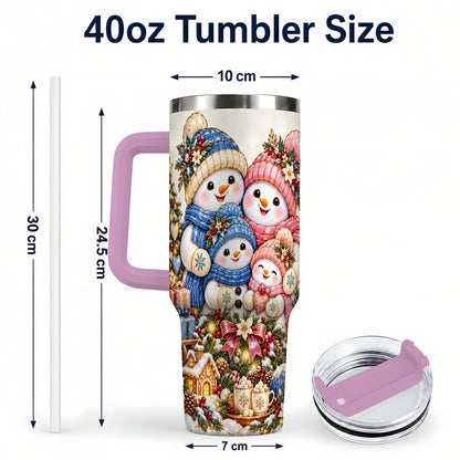 #pl[Pink] Pastel Snowman 40oz Tumbler with Handle, Christmas Family Artwork