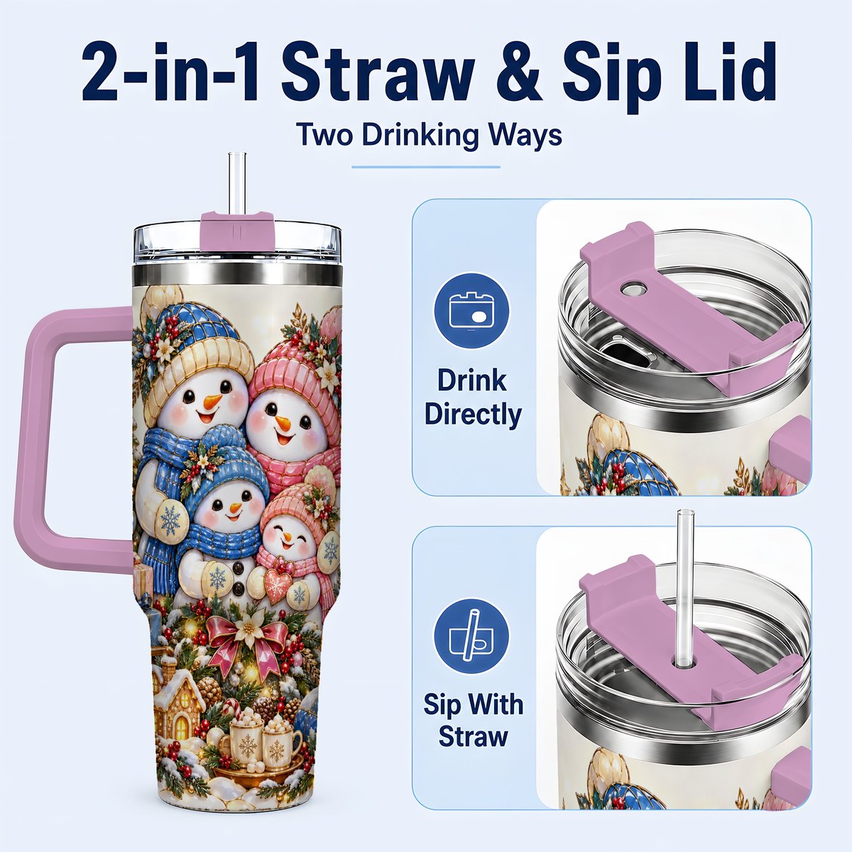 #pl[Pink] Pastel Snowman 40oz Tumbler with Handle, Christmas Family Artwork