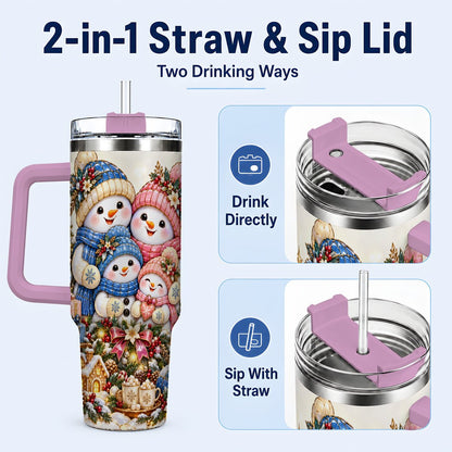 #pl[Pink] Pastel Snowman 40oz Tumbler with Handle, Christmas Family Artwork