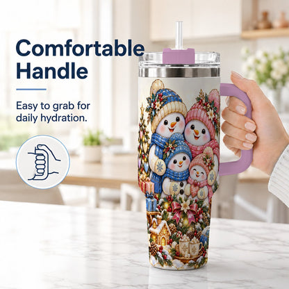 #pl[Pink] Pastel Snowman 40oz Tumbler with Handle, Christmas Family Artwork