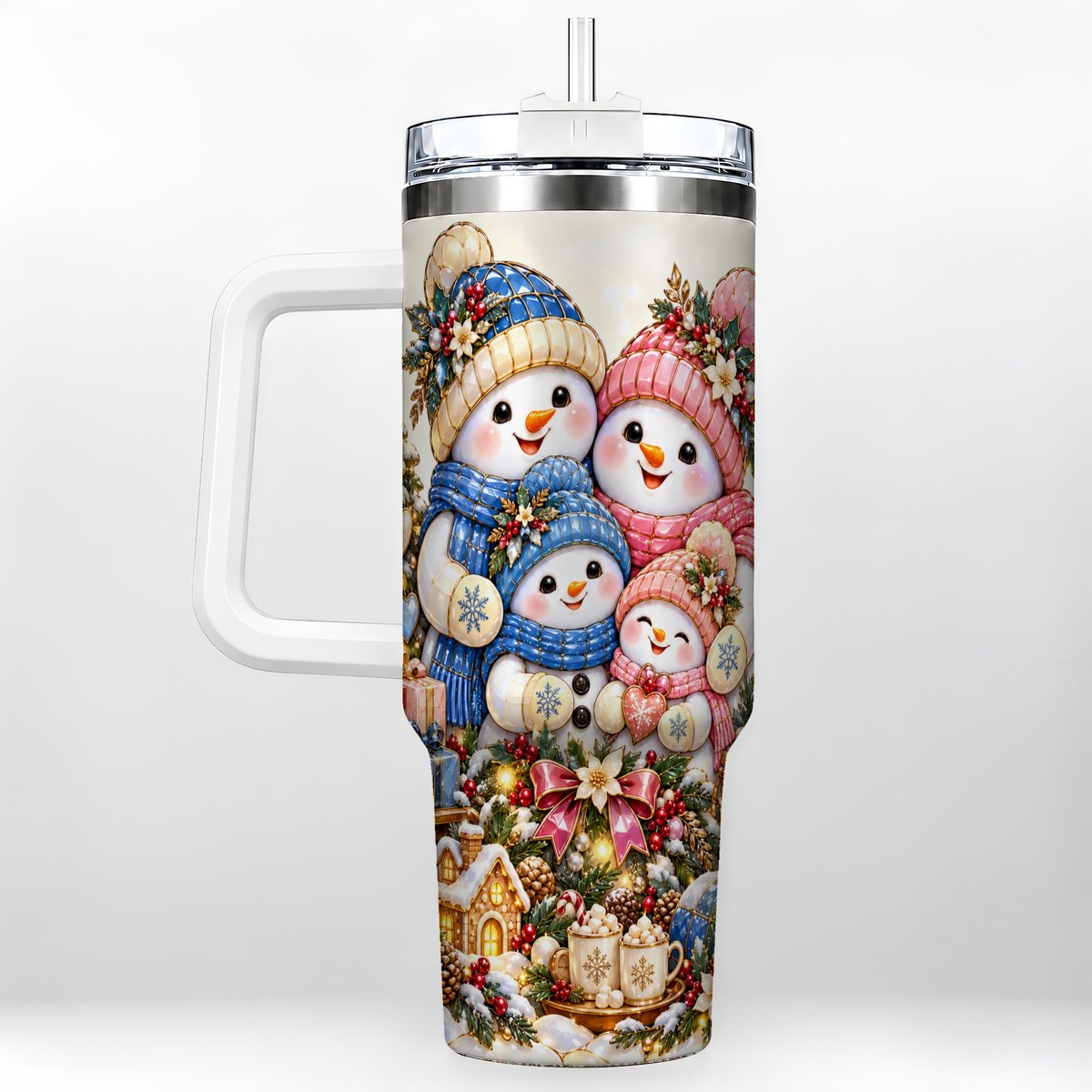 Pastel Snowman 40oz Tumbler with Handle, Christmas Family Artwork
