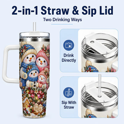 #pl[White] Pastel Snowman 40oz Tumbler with Handle, Christmas Family Artwork