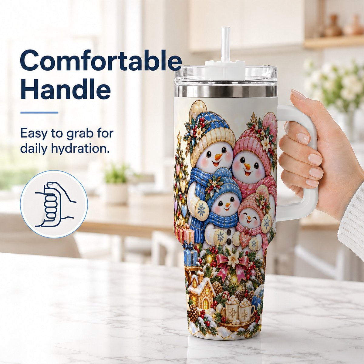 #pl[White] Pastel Snowman 40oz Tumbler with Handle, Christmas Family Artwork