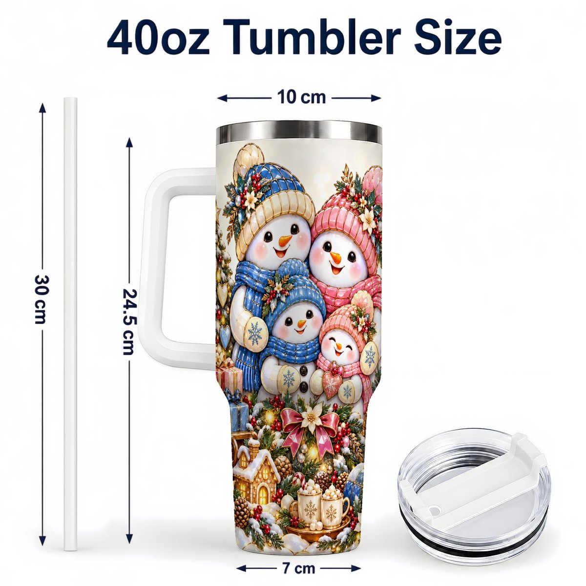 #pl[White] Pastel Snowman 40oz Tumbler with Handle, Christmas Family Artwork