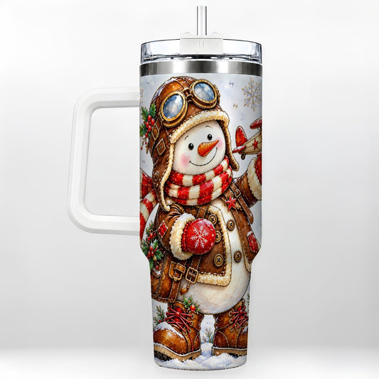 Aviator Snowman 40oz Tumbler with Handle, Vintage Airplane Artwork