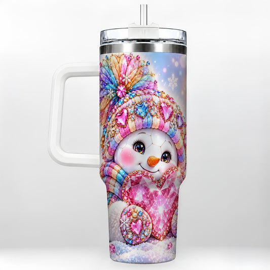 Gem Heart Snowman 40oz Tumbler with Handle, Pastel Winter Art