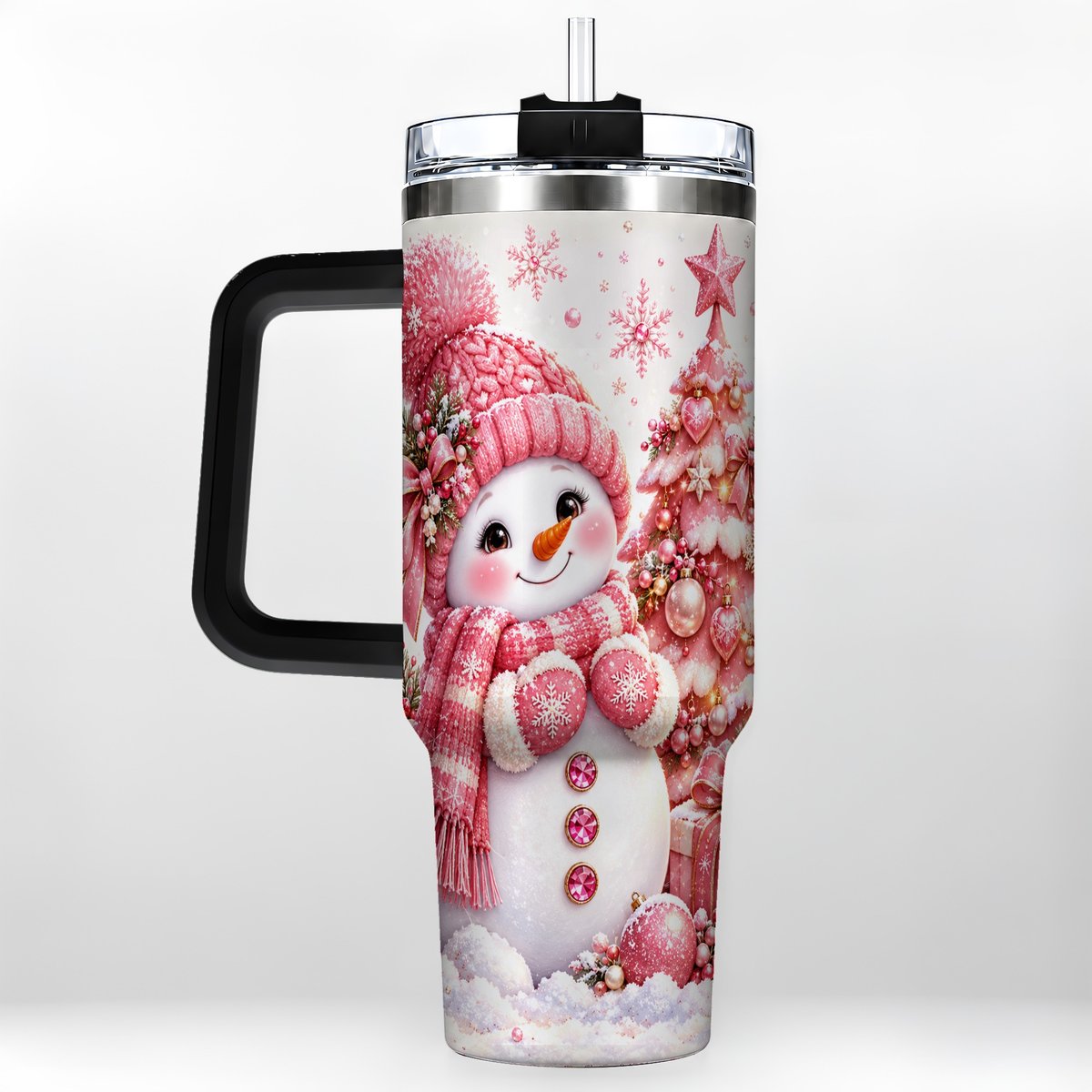 #pl[Black] Pink Snowman 40oz Tumbler with Handle, Christmas Tree Artwork