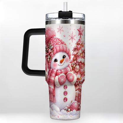 #pl[Black] Pink Snowman 40oz Tumbler with Handle, Christmas Tree Artwork