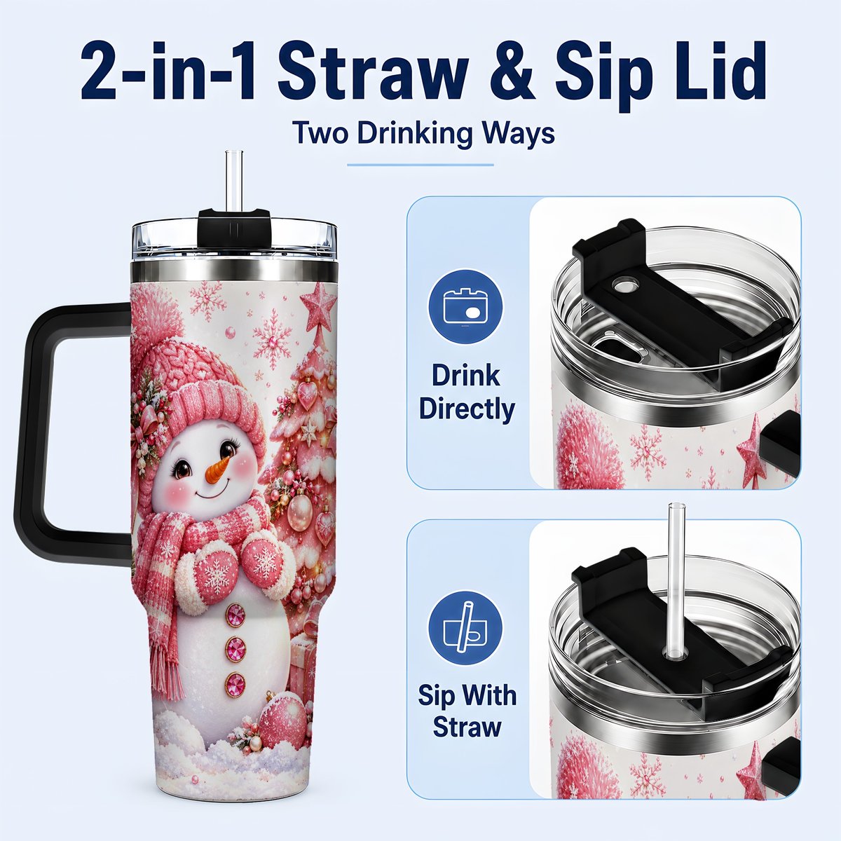 #pl[Black] Pink Snowman 40oz Tumbler with Handle, Christmas Tree Artwork