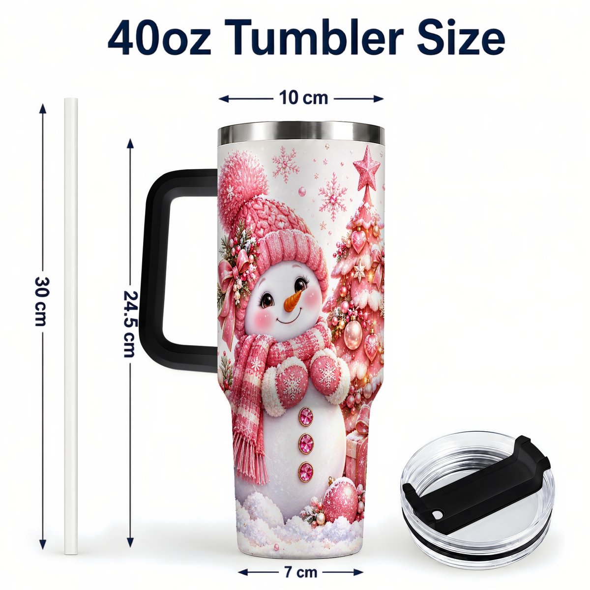 #pl[Black] Pink Snowman 40oz Tumbler with Handle, Christmas Tree Artwork