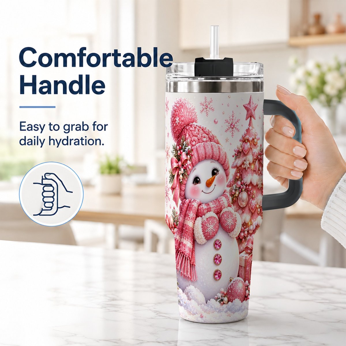 #pl[Black] Pink Snowman 40oz Tumbler with Handle, Christmas Tree Artwork