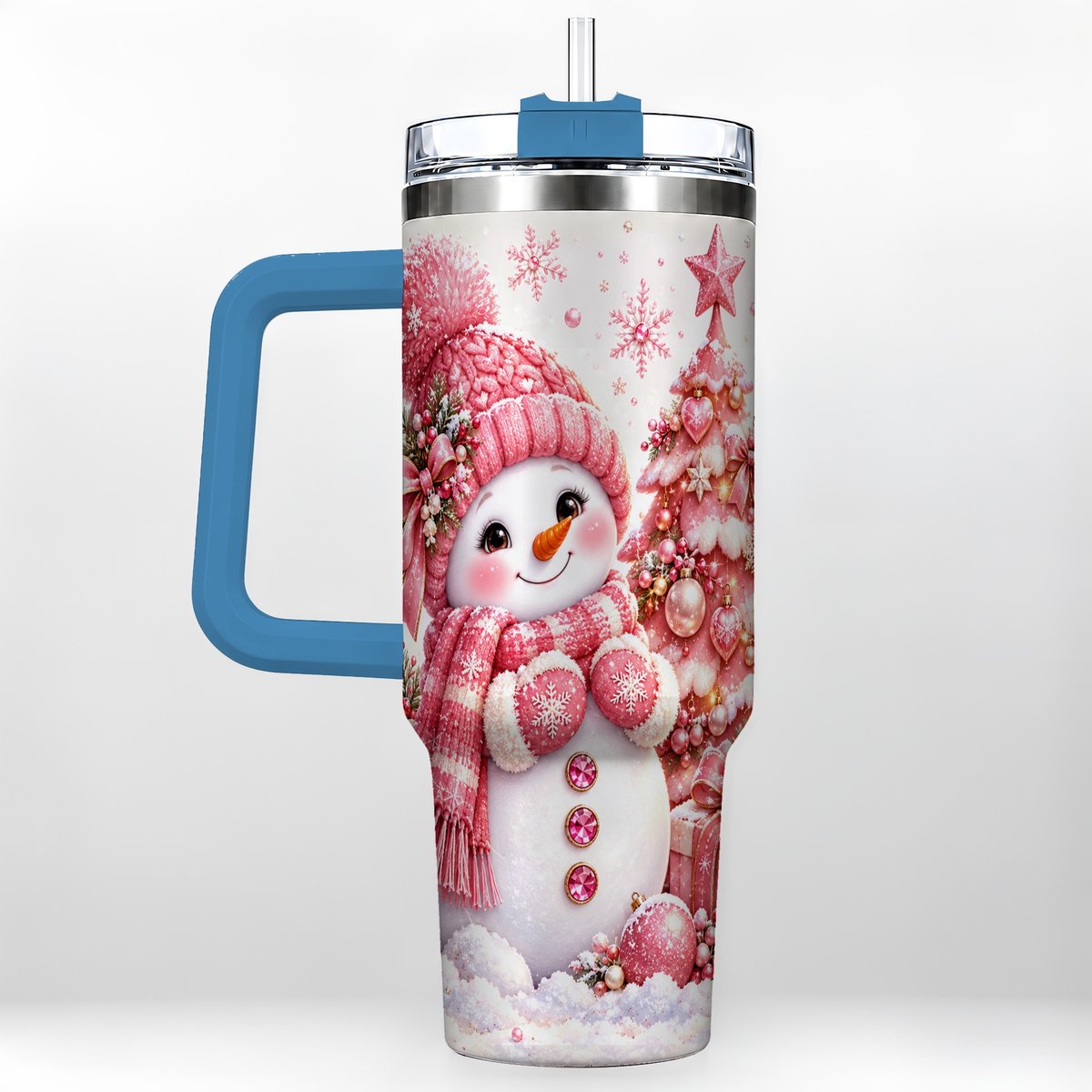 #pl[Blue] Pink Snowman 40oz Tumbler with Handle, Christmas Tree Artwork