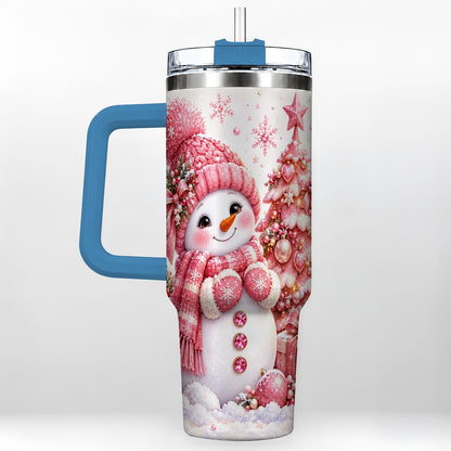 #pl[Blue] Pink Snowman 40oz Tumbler with Handle, Christmas Tree Artwork