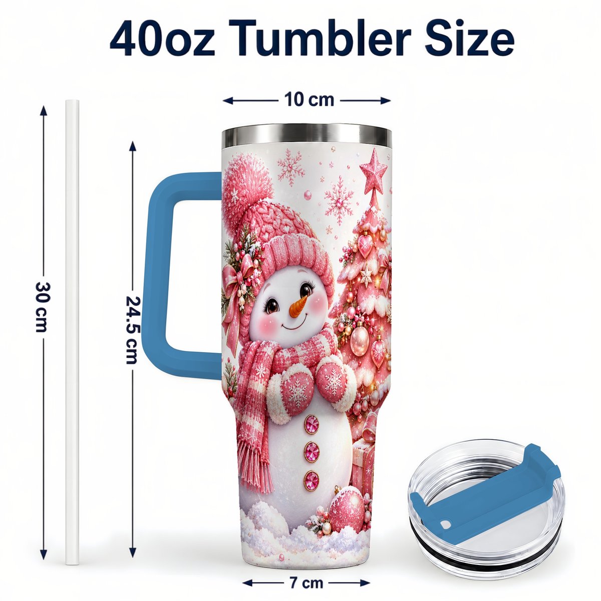 #pl[Blue] Pink Snowman 40oz Tumbler with Handle, Christmas Tree Artwork