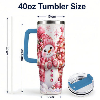 #pl[Blue] Pink Snowman 40oz Tumbler with Handle, Christmas Tree Artwork