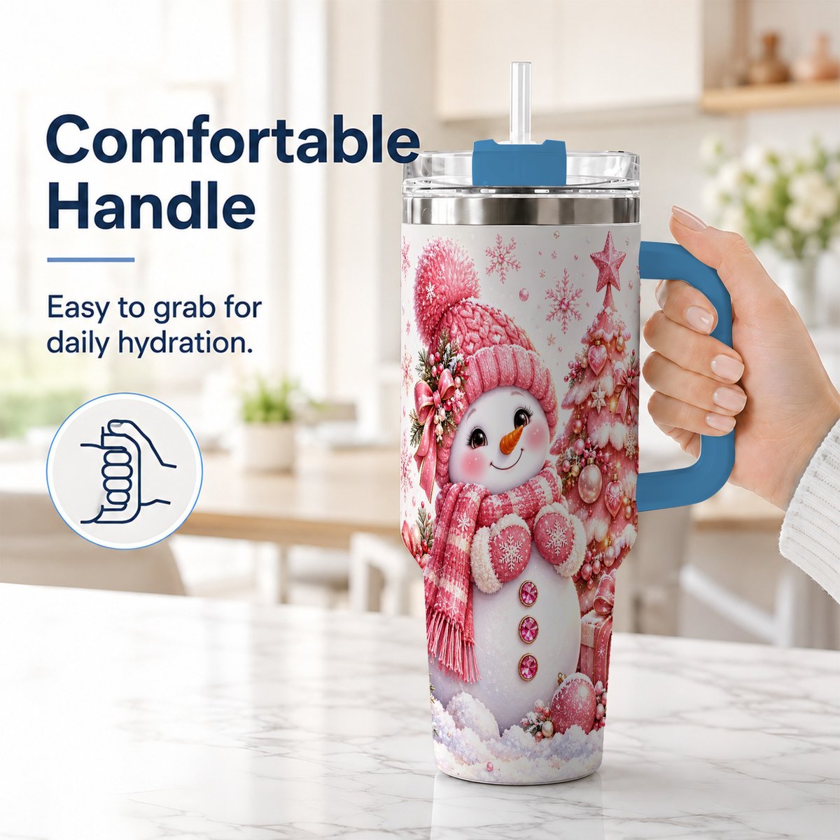 #pl[Blue] Pink Snowman 40oz Tumbler with Handle, Christmas Tree Artwork