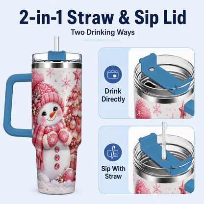 #pl[Blue] Pink Snowman 40oz Tumbler with Handle, Christmas Tree Artwork
