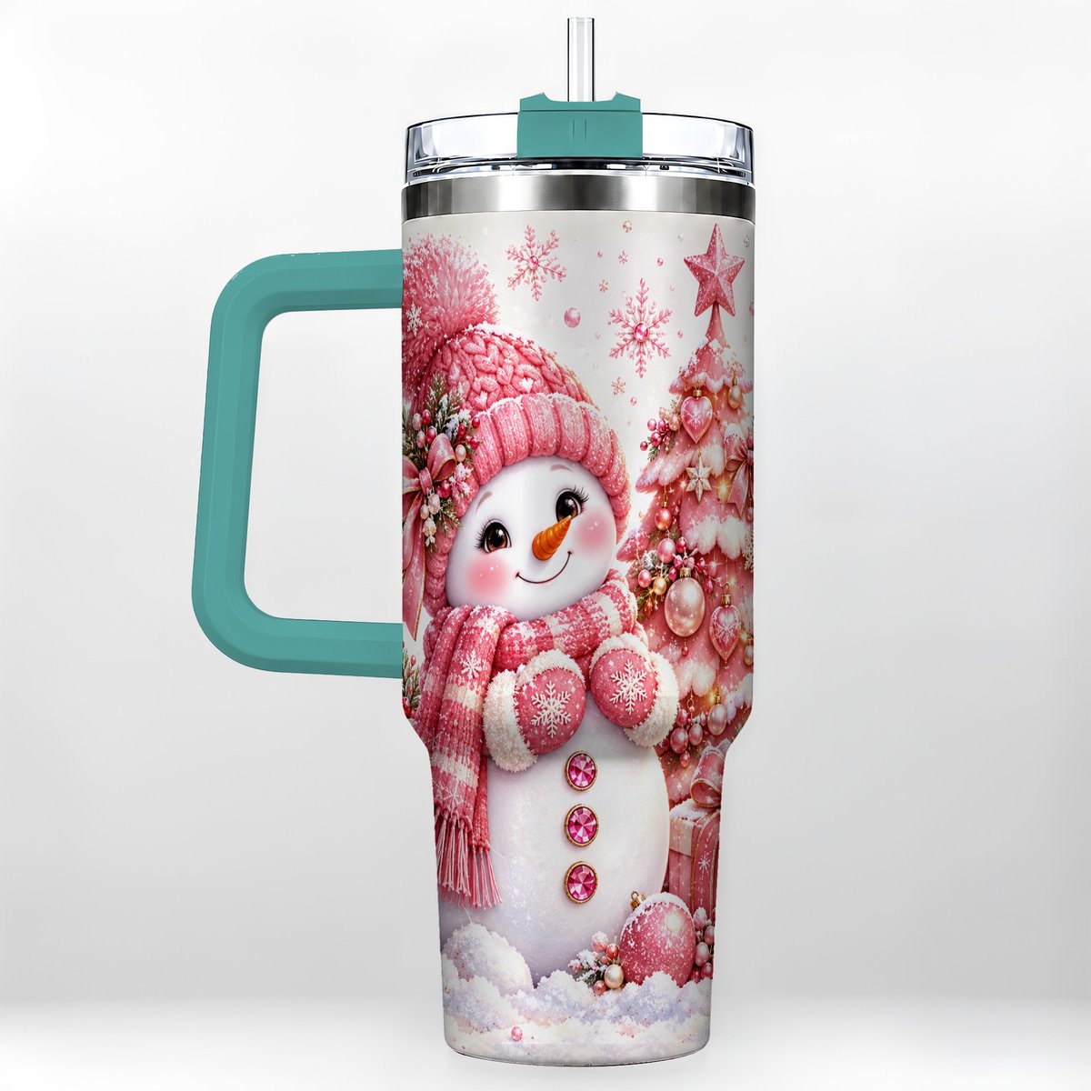 #pl[Green] Pink Snowman 40oz Tumbler with Handle, Christmas Tree Artwork