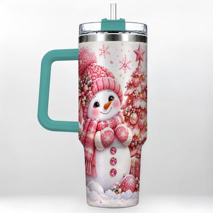 #pl[Green] Pink Snowman 40oz Tumbler with Handle, Christmas Tree Artwork