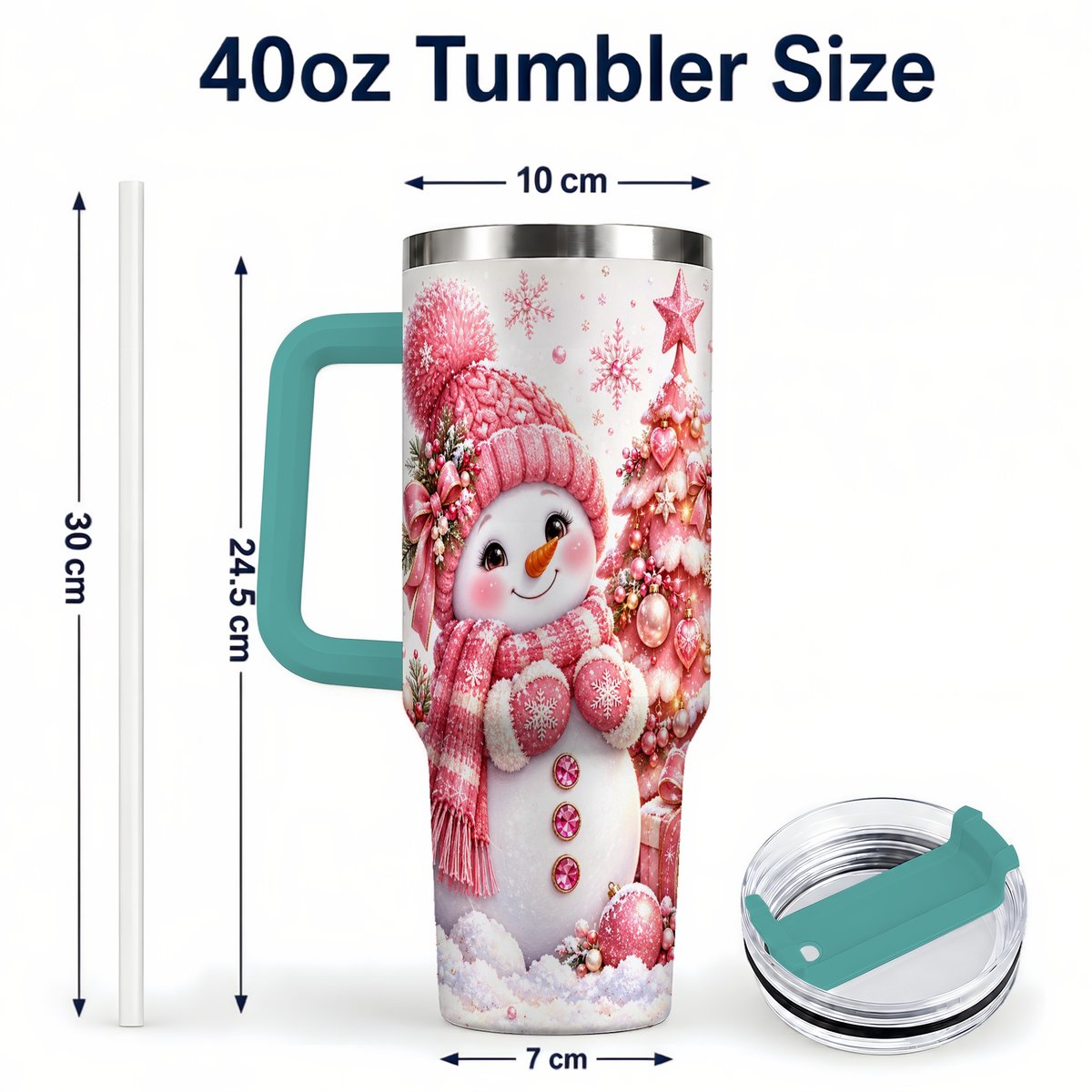 #pl[Green] Pink Snowman 40oz Tumbler with Handle, Christmas Tree Artwork