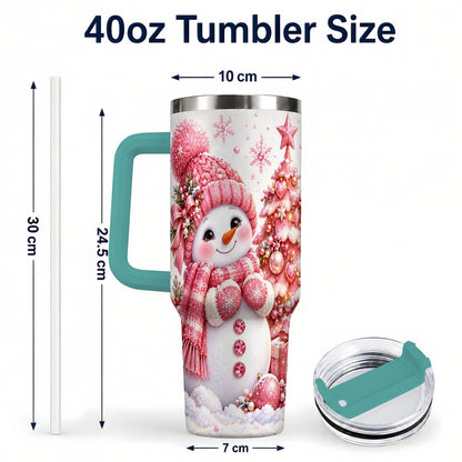 #pl[Green] Pink Snowman 40oz Tumbler with Handle, Christmas Tree Artwork