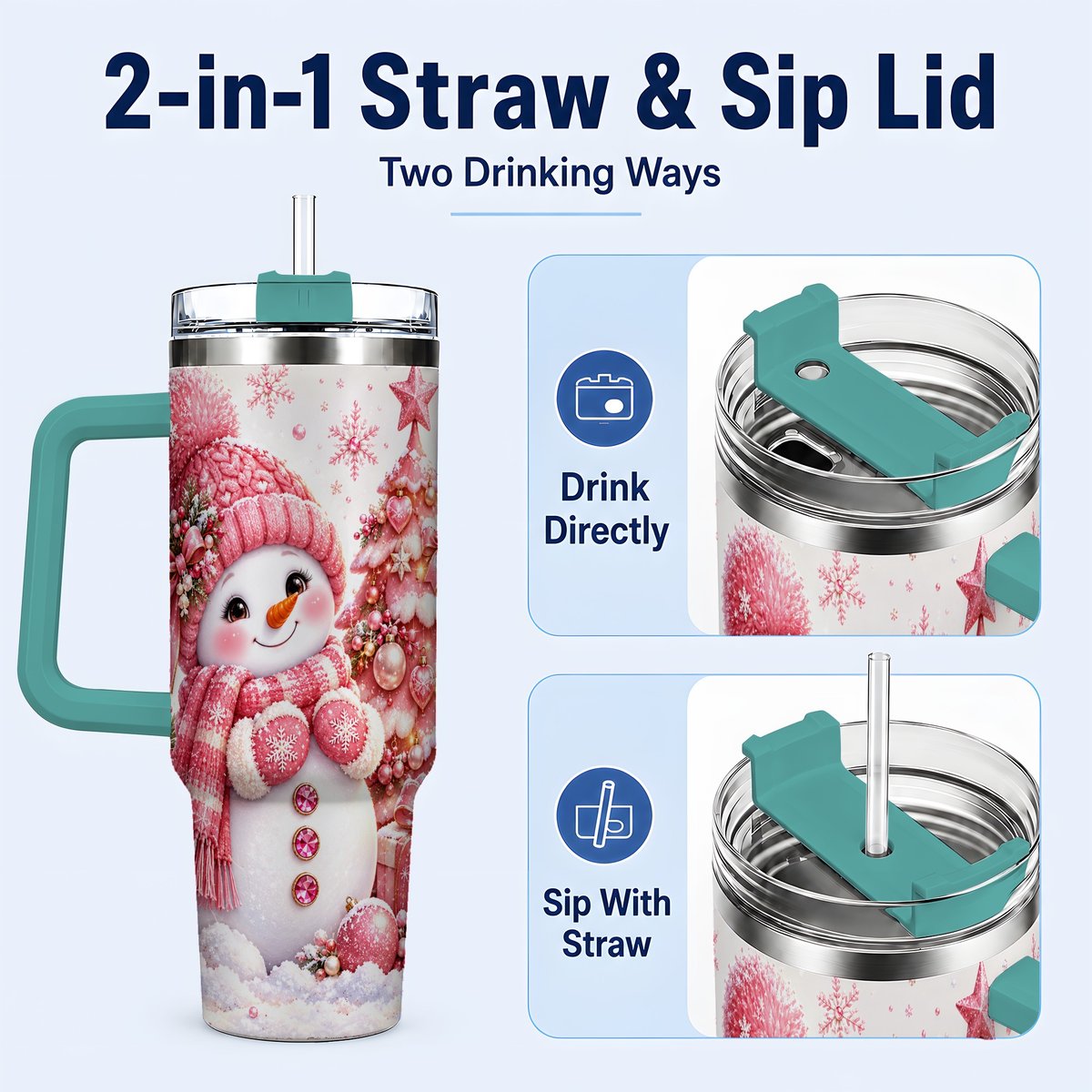 #pl[Green] Pink Snowman 40oz Tumbler with Handle, Christmas Tree Artwork