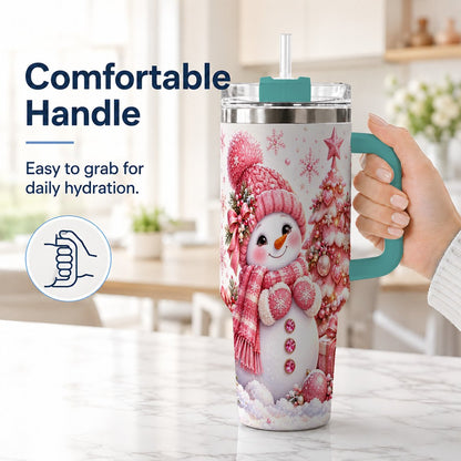 #pl[Green] Pink Snowman 40oz Tumbler with Handle, Christmas Tree Artwork