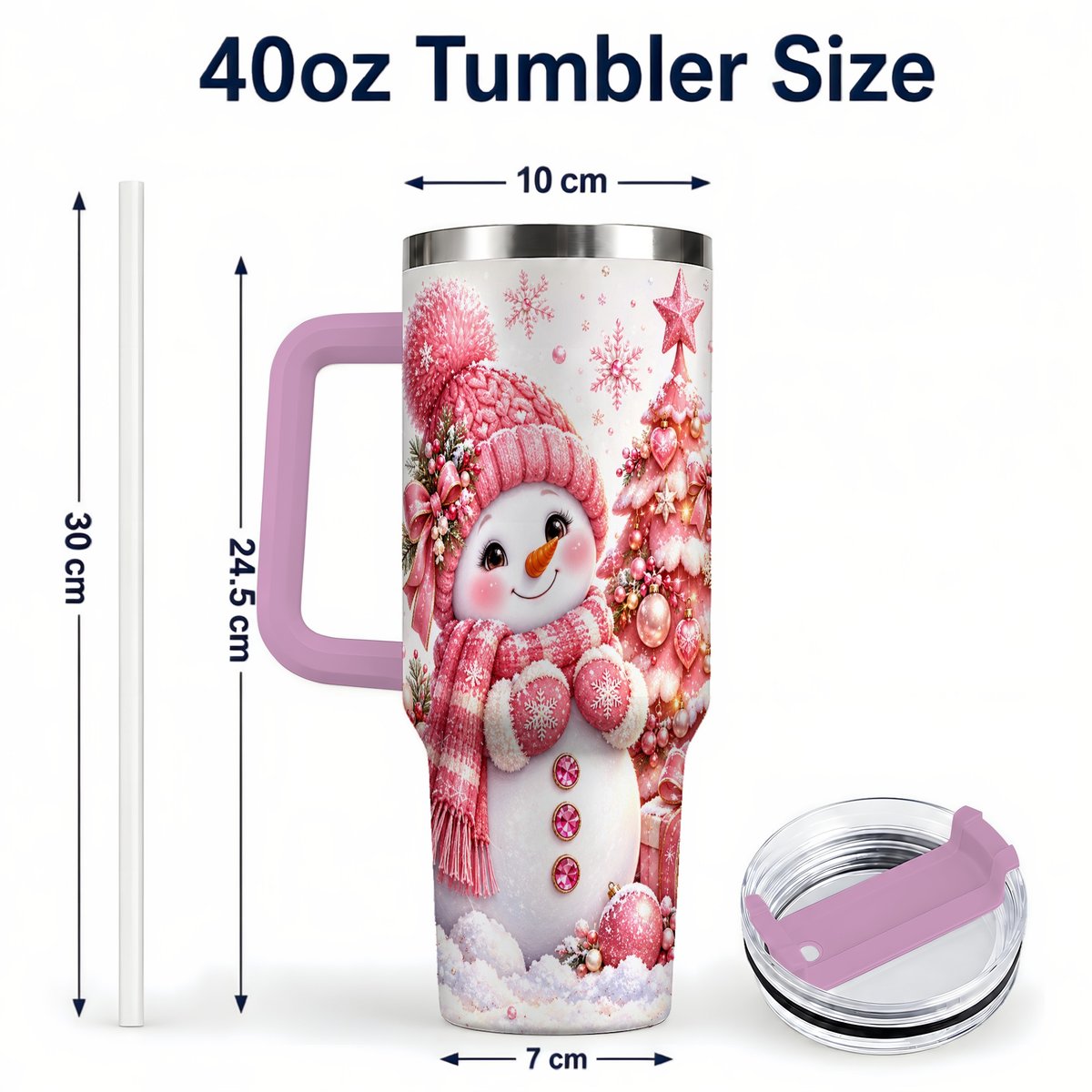 #pl[Pink] Pink Snowman 40oz Tumbler with Handle, Christmas Tree Artwork