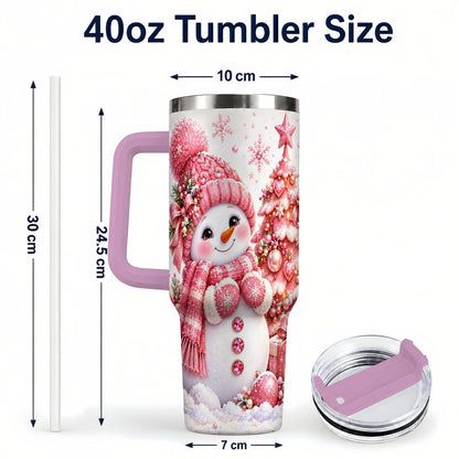 #pl[Pink] Pink Snowman 40oz Tumbler with Handle, Christmas Tree Artwork