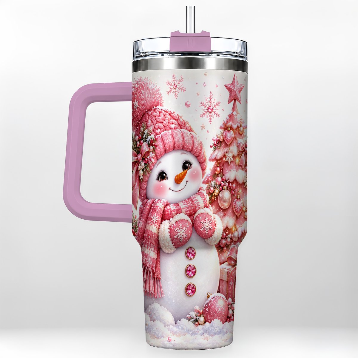#pl[Pink] Pink Snowman 40oz Tumbler with Handle, Christmas Tree Artwork