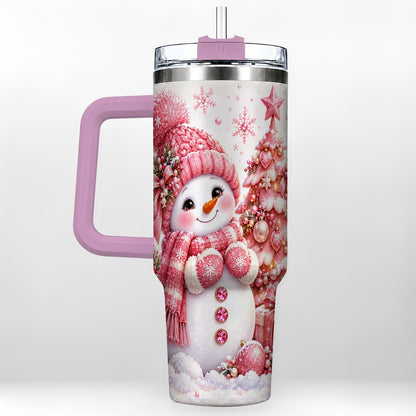 #pl[Pink] Pink Snowman 40oz Tumbler with Handle, Christmas Tree Artwork