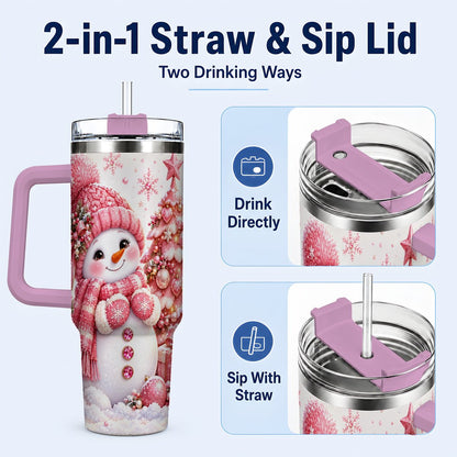 #pl[Pink] Pink Snowman 40oz Tumbler with Handle, Christmas Tree Artwork