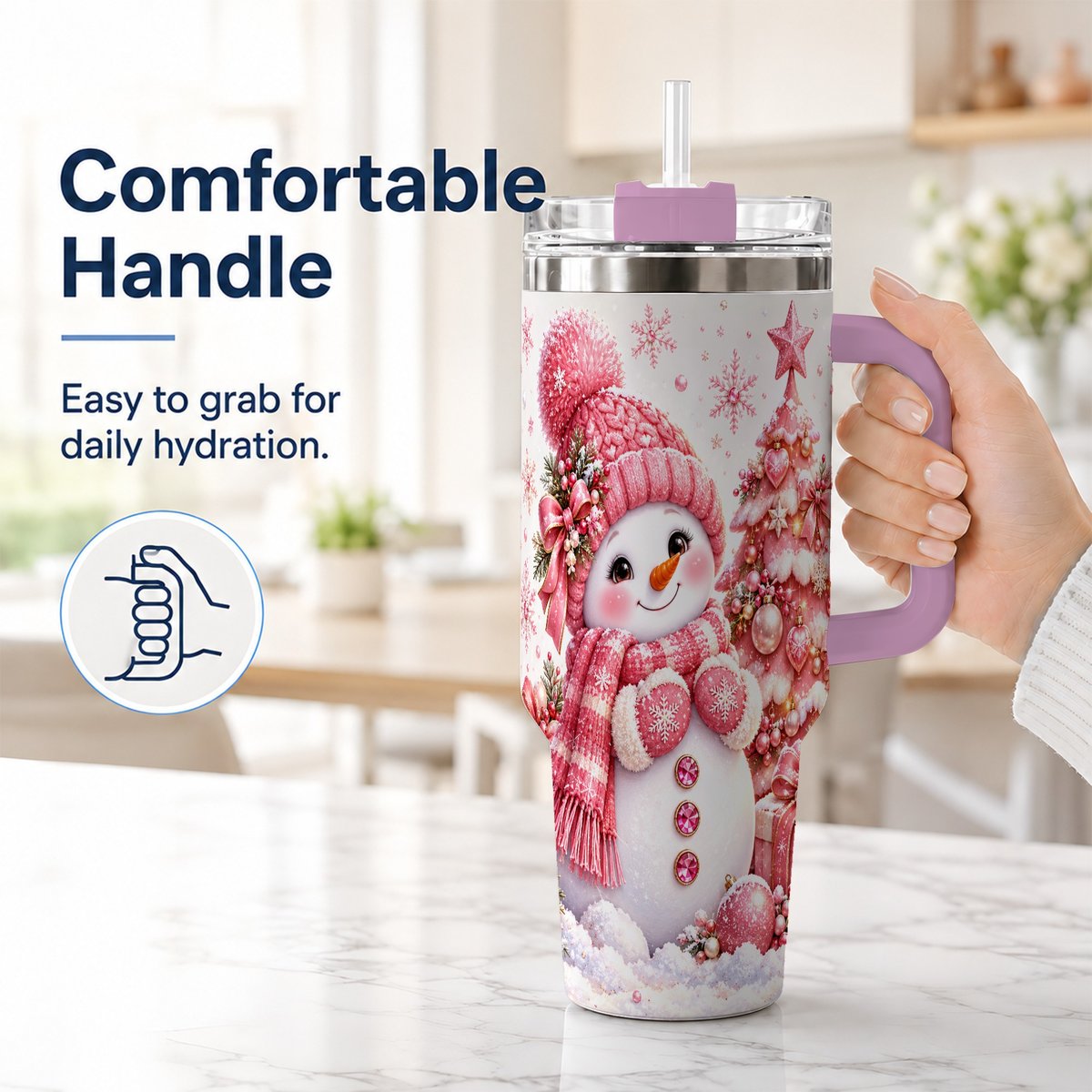 #pl[Pink] Pink Snowman 40oz Tumbler with Handle, Christmas Tree Artwork