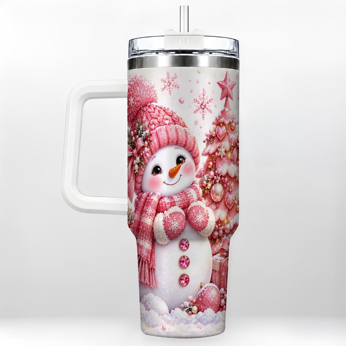 Pink Snowman 40oz Tumbler with Handle, Christmas Tree Artwork