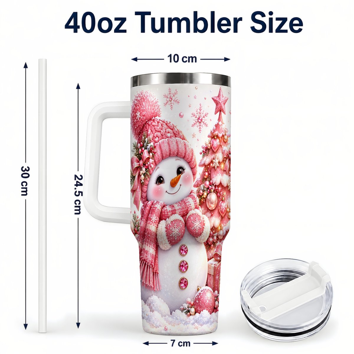 #pl[White] Pink Snowman 40oz Tumbler with Handle, Christmas Tree Artwork