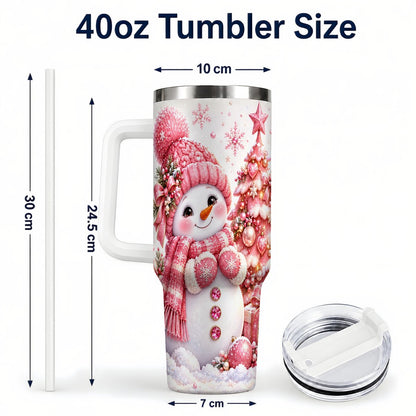 #pl[White] Pink Snowman 40oz Tumbler with Handle, Christmas Tree Artwork