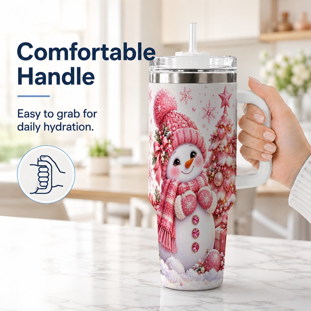#pl[White] Pink Snowman 40oz Tumbler with Handle, Christmas Tree Artwork