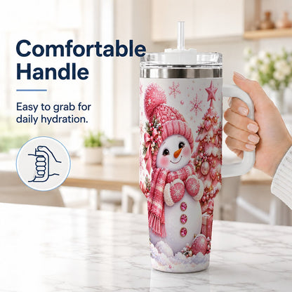 #pl[White] Pink Snowman 40oz Tumbler with Handle, Christmas Tree Artwork
