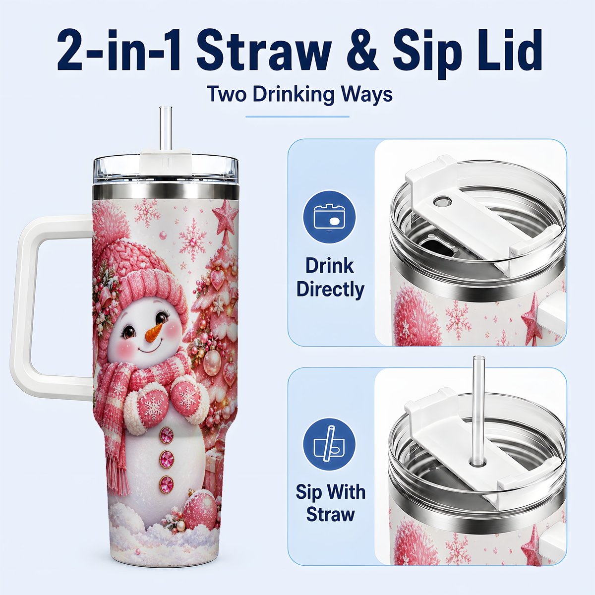 #pl[White] Pink Snowman 40oz Tumbler with Handle, Christmas Tree Artwork