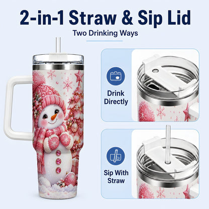 #pl[White] Pink Snowman 40oz Tumbler with Handle, Christmas Tree Artwork