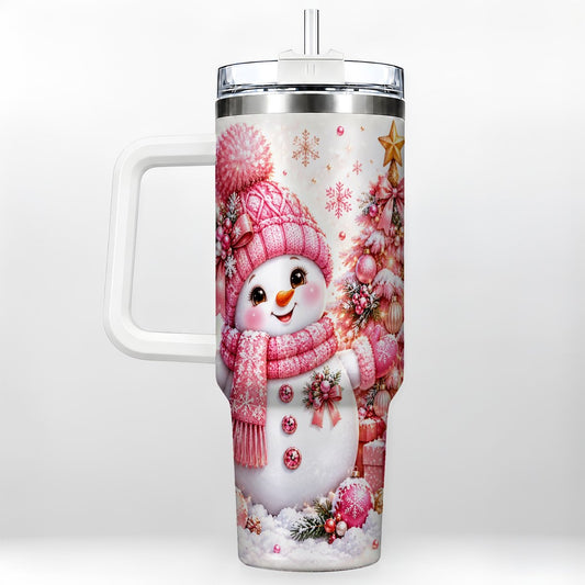 Pink Snowman 40oz Tumbler with Handle, Christmas Tree Art