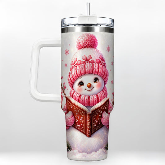 Reading Snowman 40oz Tumbler with Handle, Cozy Winter Art
