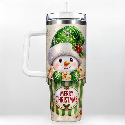 Popcorn Snowman 40oz Tumbler with Handle, Festive Movie Night Art
