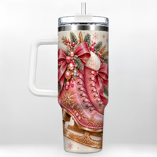 Pink Christmas Ice Skates 40oz Tumbler with Handle, Winter Holiday