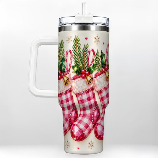 Pink Plaid Stockings 40oz Tumbler with Handle, Christmas Decor