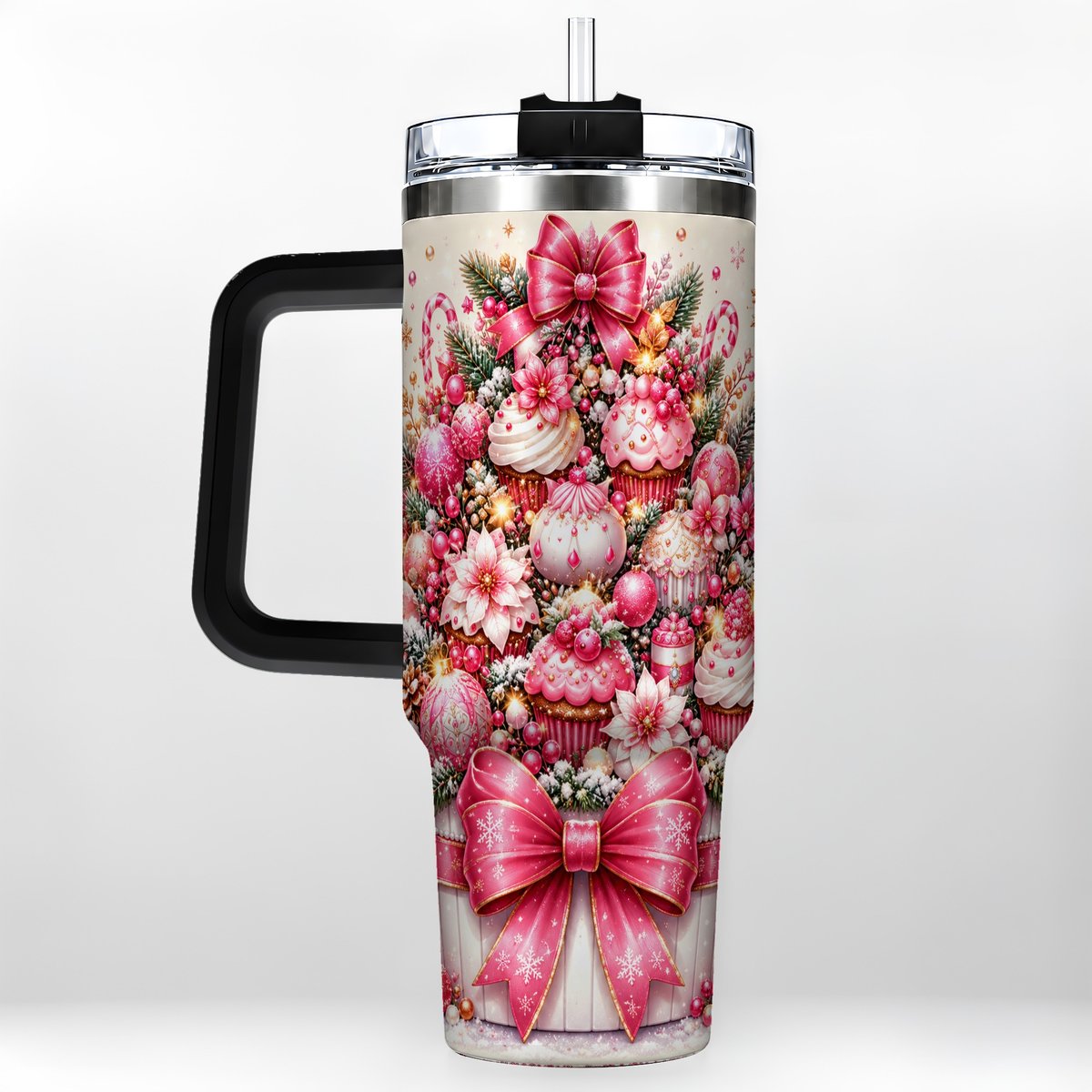 #pl[Black] Pink Christmas Cupcakes 40oz Tumbler with Handle, Holiday Treats