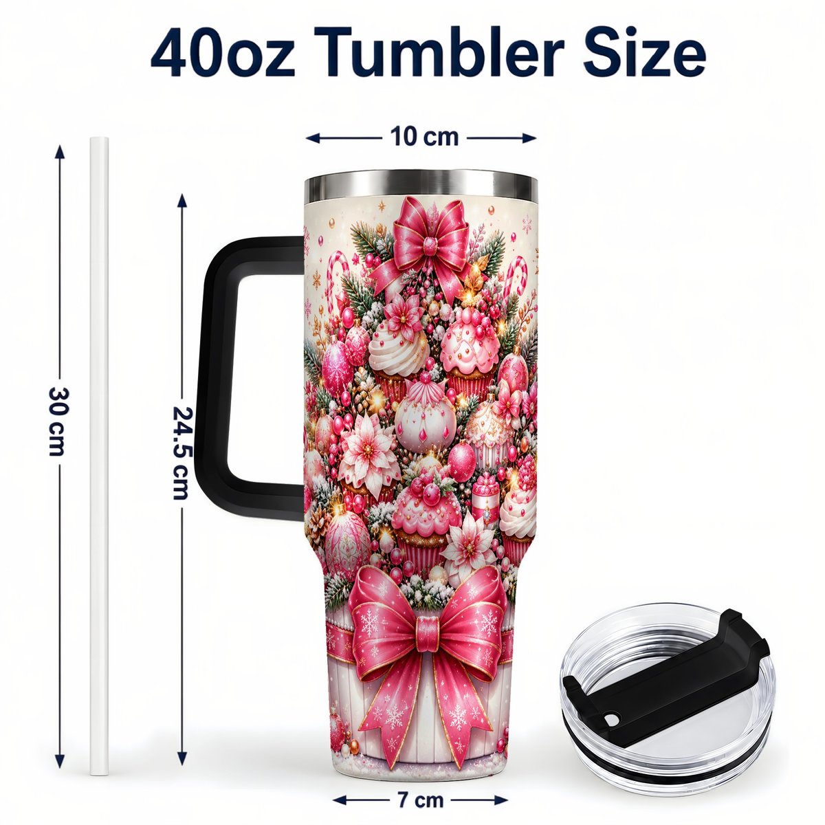#pl[Black] Pink Christmas Cupcakes 40oz Tumbler with Handle, Holiday Treats