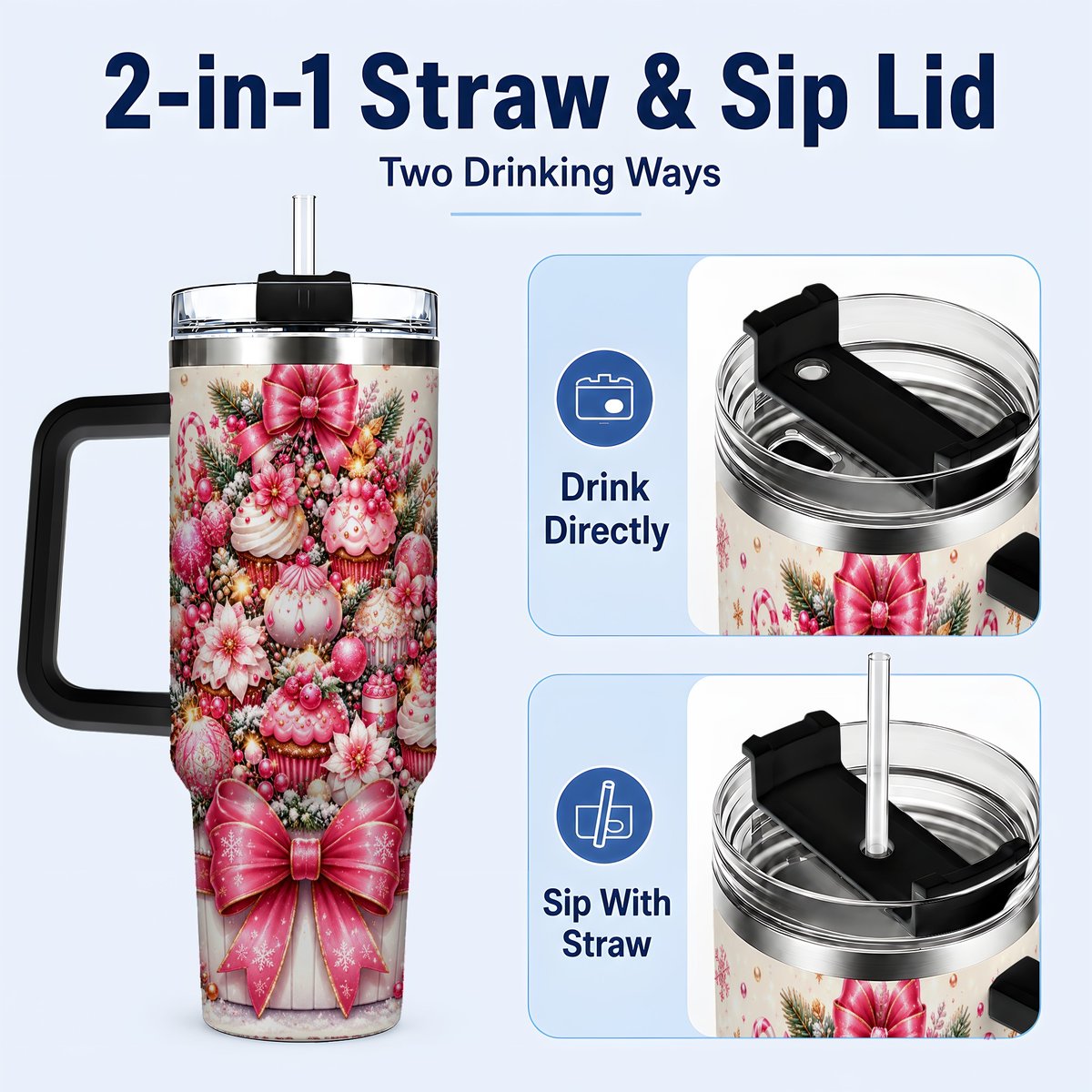 #pl[Black] Pink Christmas Cupcakes 40oz Tumbler with Handle, Holiday Treats