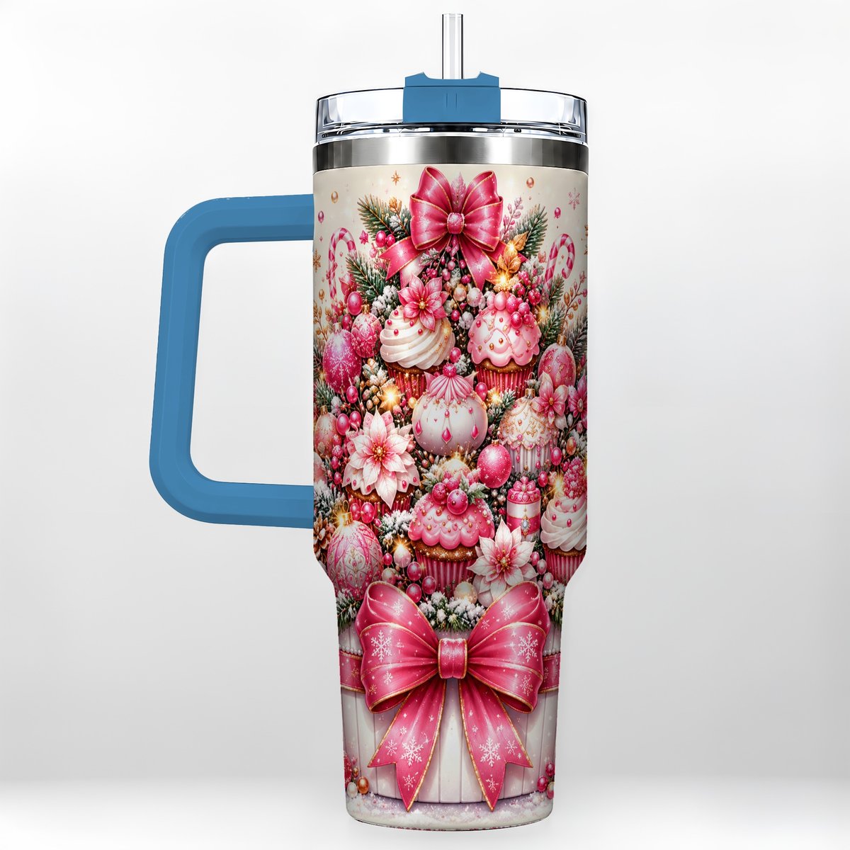 #pl[Blue] Pink Christmas Cupcakes 40oz Tumbler with Handle, Holiday Treats