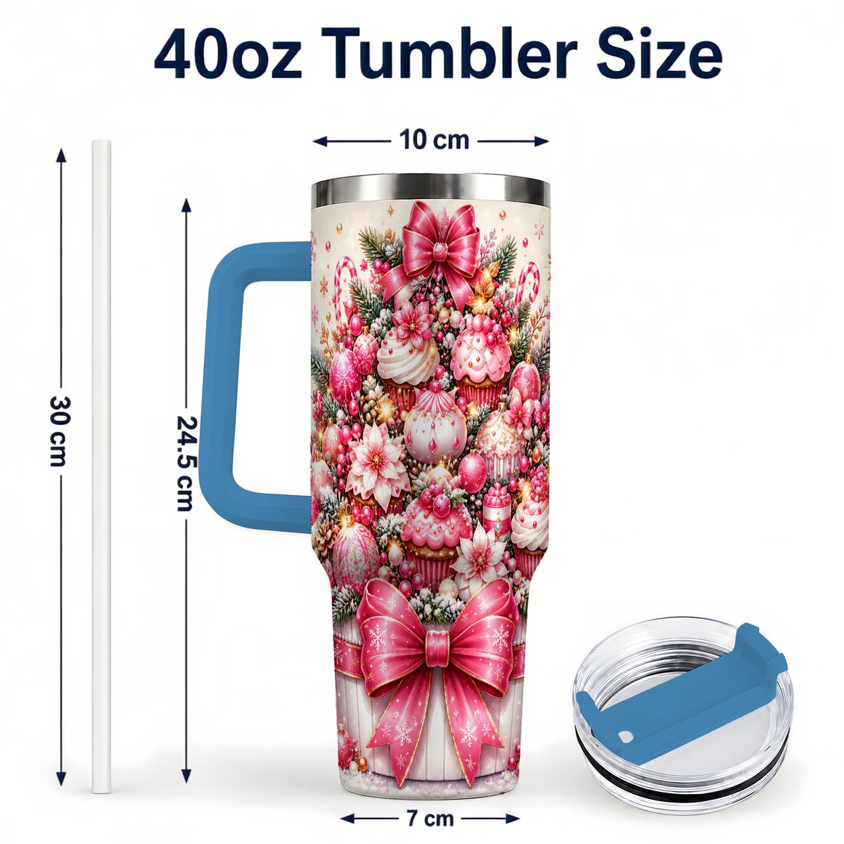 #pl[Blue] Pink Christmas Cupcakes 40oz Tumbler with Handle, Holiday Treats